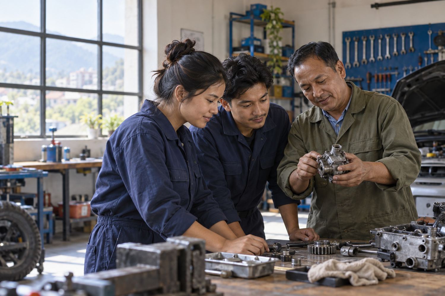 A mentor and two trainees working on a mechanical assembly in a workshop