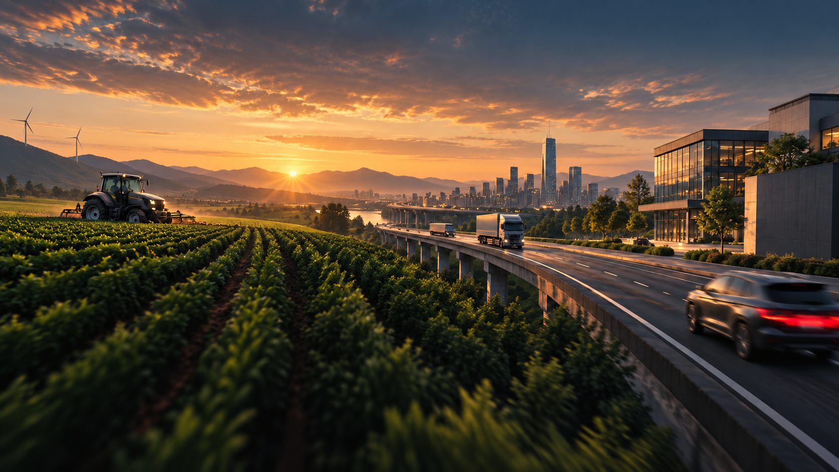 Farmland, a highway carrying freight and a city skyline at sunrise