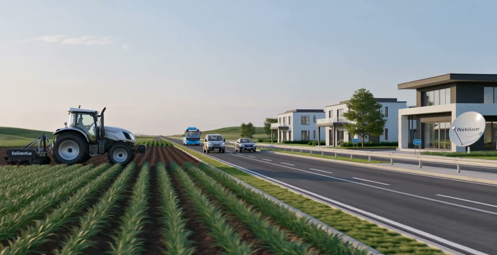 A tractor working a field beside a highway, with homes connected by DishHome