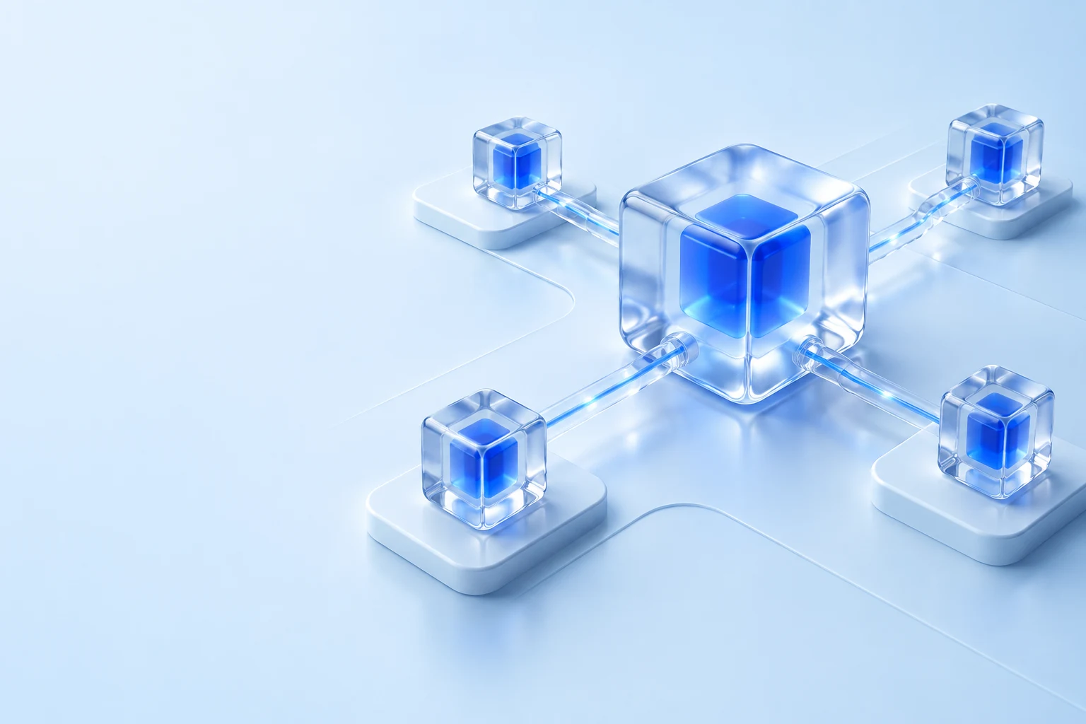 Connected glass cubes with blue cores representing intelligent automated workflows