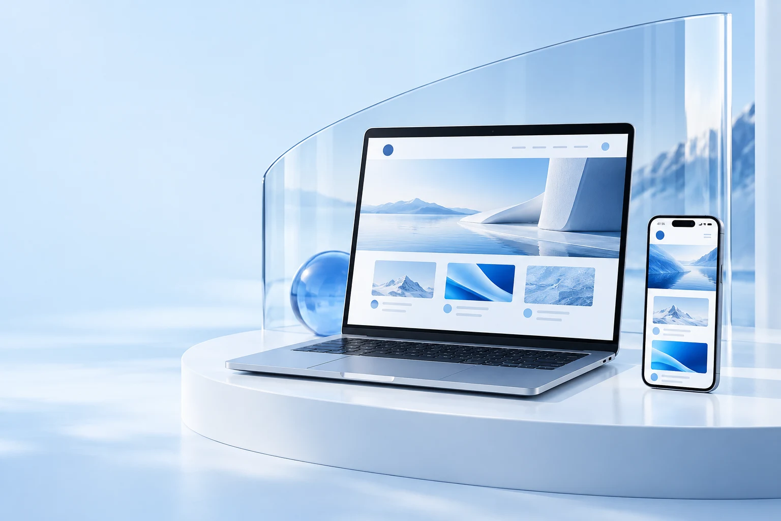 Laptop and smartphone displaying coordinated blue digital interfaces